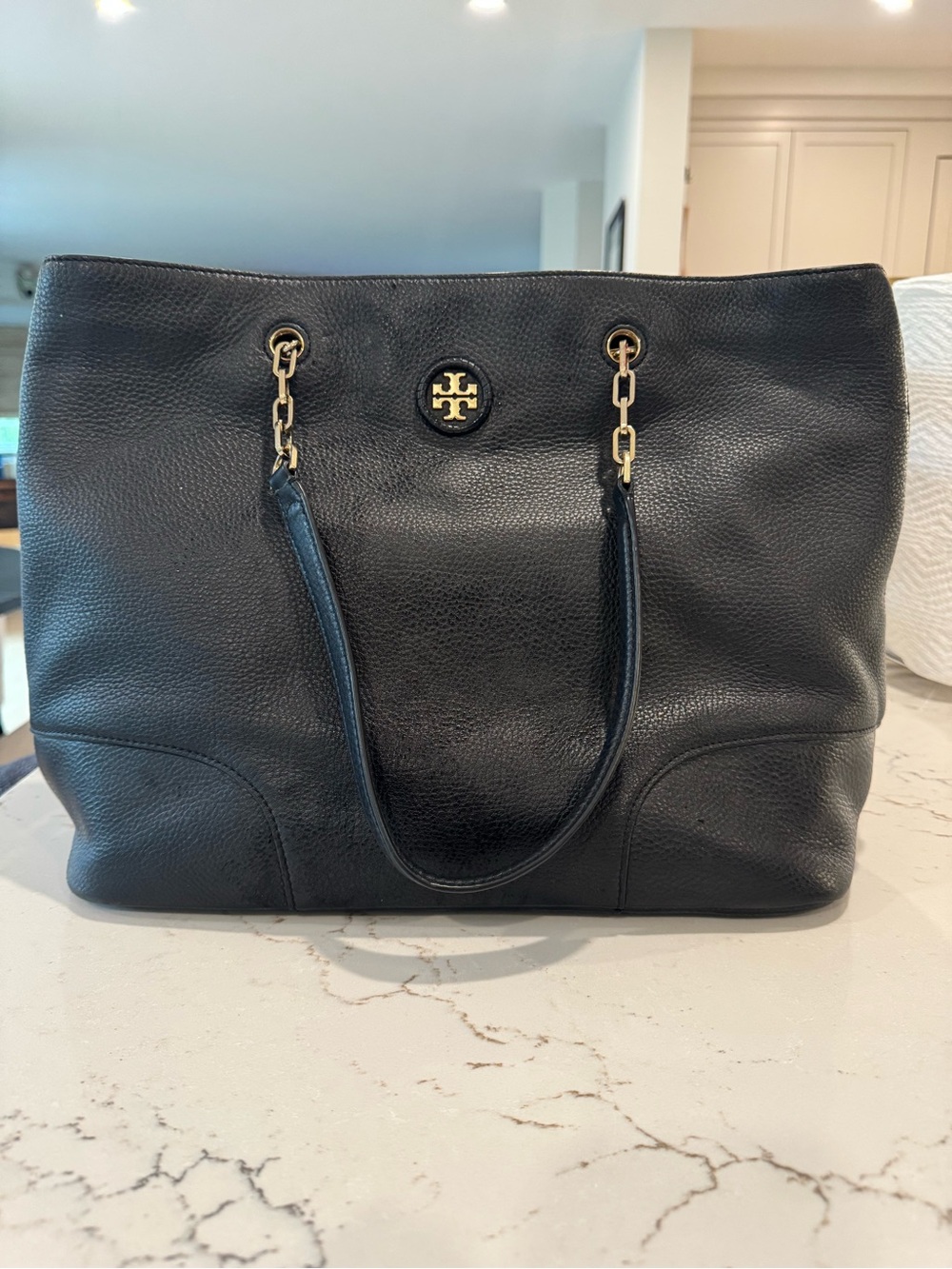 Tory Burch Black Pebbled Leather Chain-Handle Tote